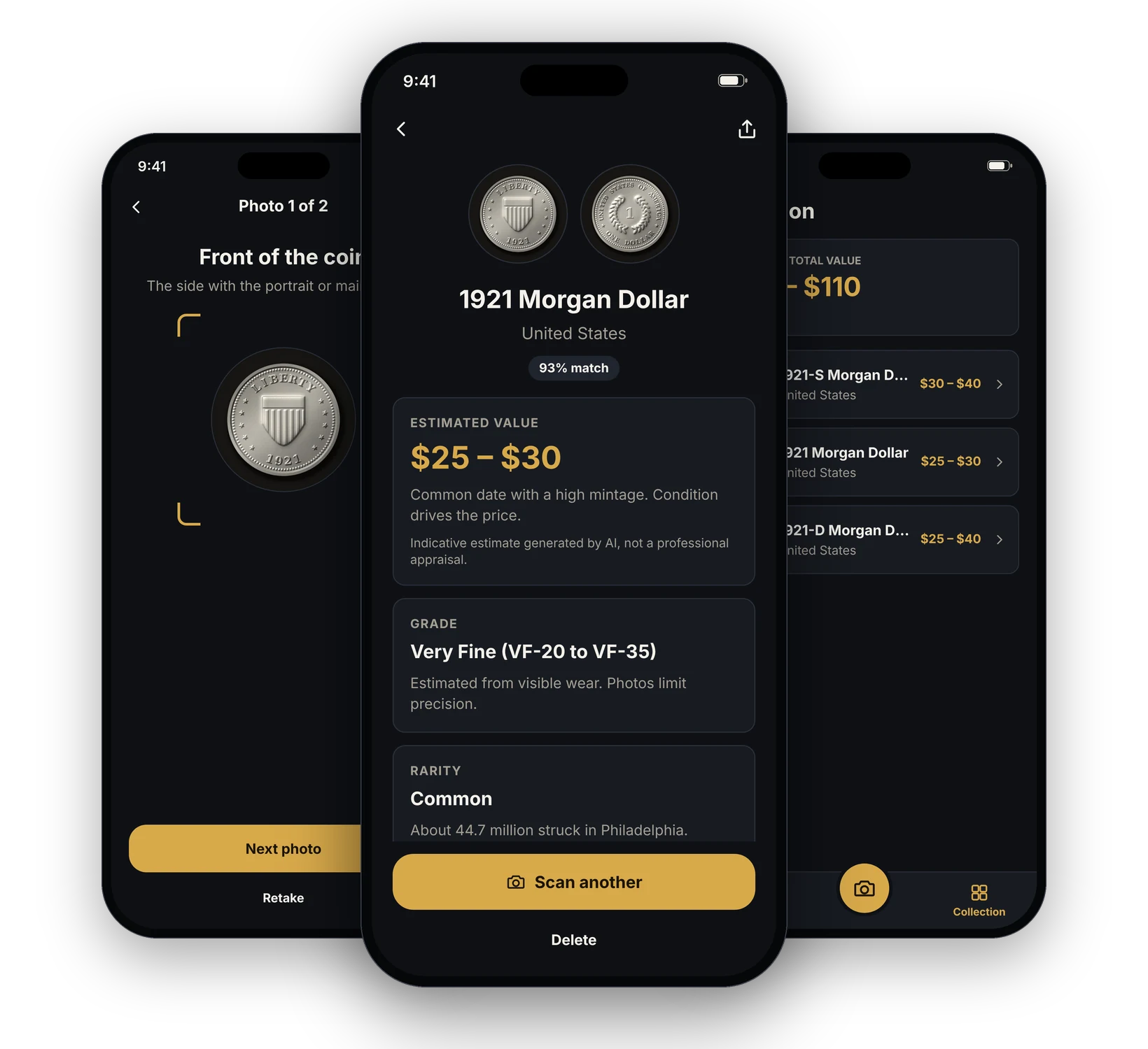 Coin Finder on three phones: photographing a coin, the result with its estimated value, and the collection.