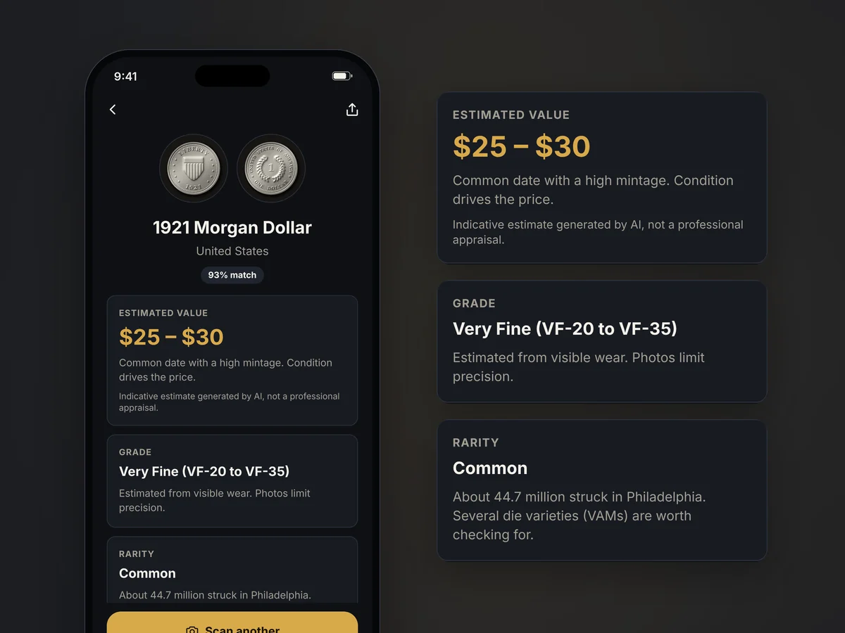 Result screen for a coin with its estimated value, grade and rarity.